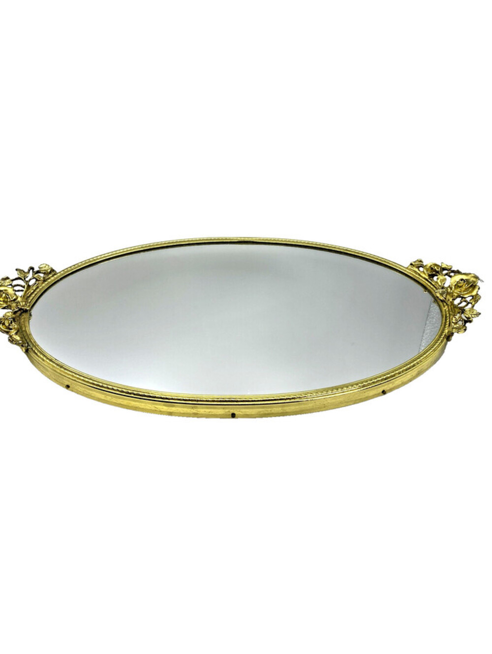 Vintage Gold Tone Oval Vanity Tray Mirror with Floral Detailing, 13.5 Inches